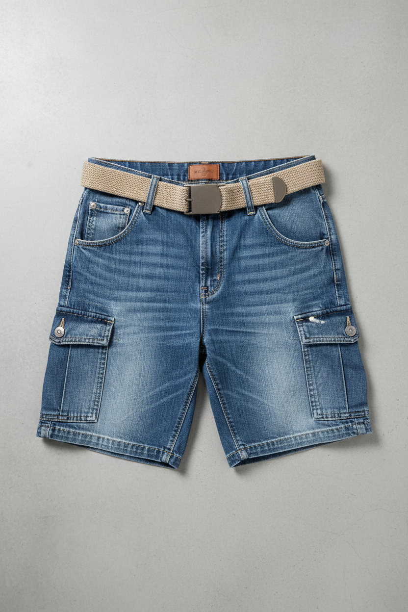 Cargo Denim Shorts - Flat Lay