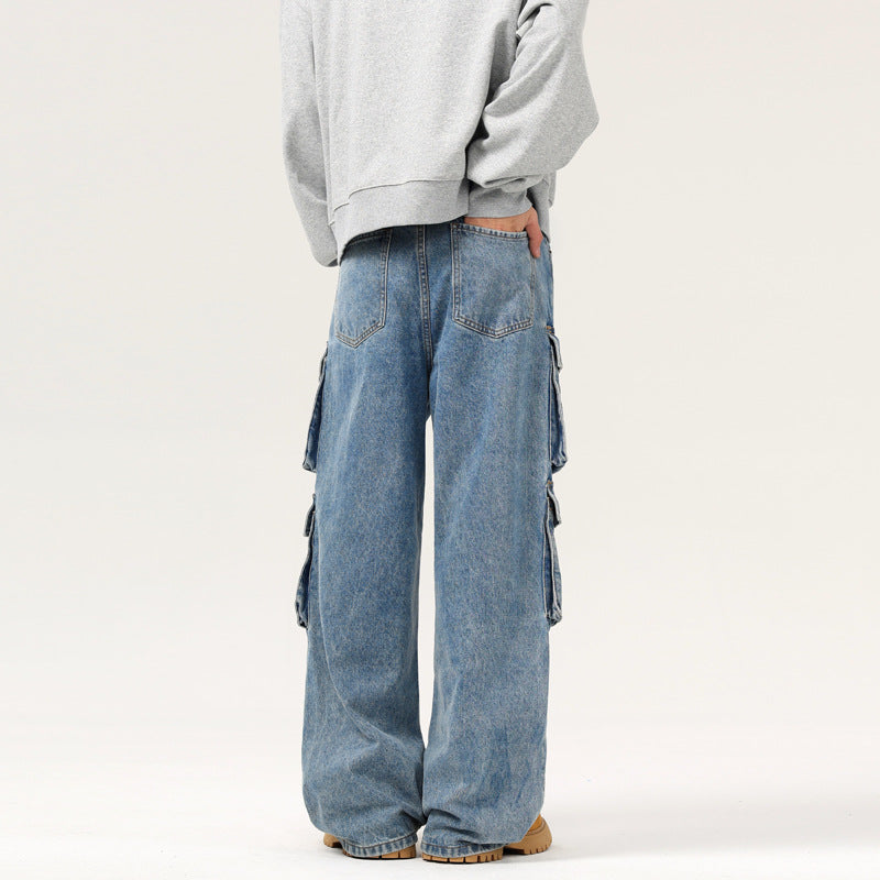 Retro Washed Multi-Pocket Cargo Jeans
