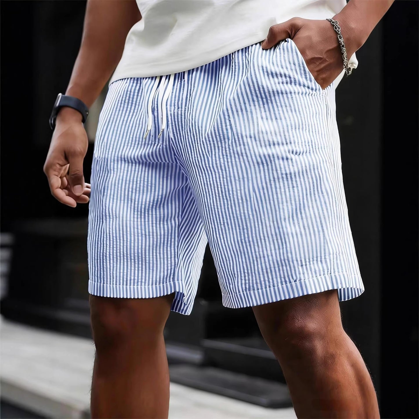 Striped Lace-up Sweatpants Minimalist Cropped Shorts front view