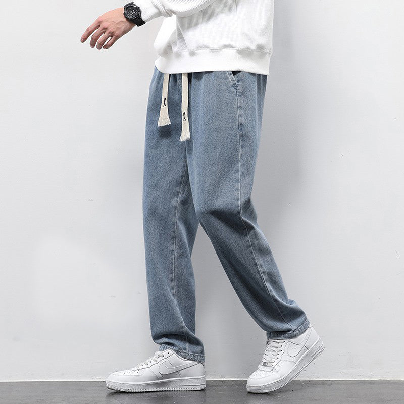 Summer Loose Wide Leg Jeans Pants for Men, featuring a drawstring waist and relaxed fit.
