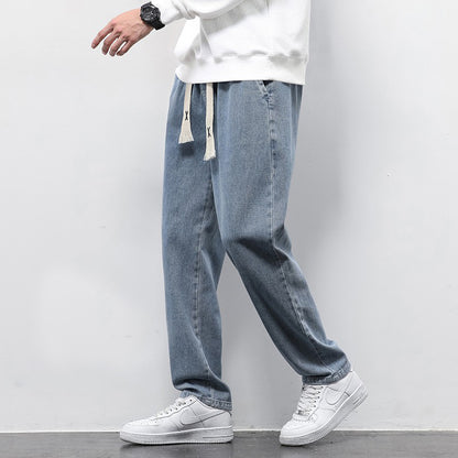 Summer Loose Wide Leg Jeans Pants for Men, featuring a drawstring waist and relaxed fit.