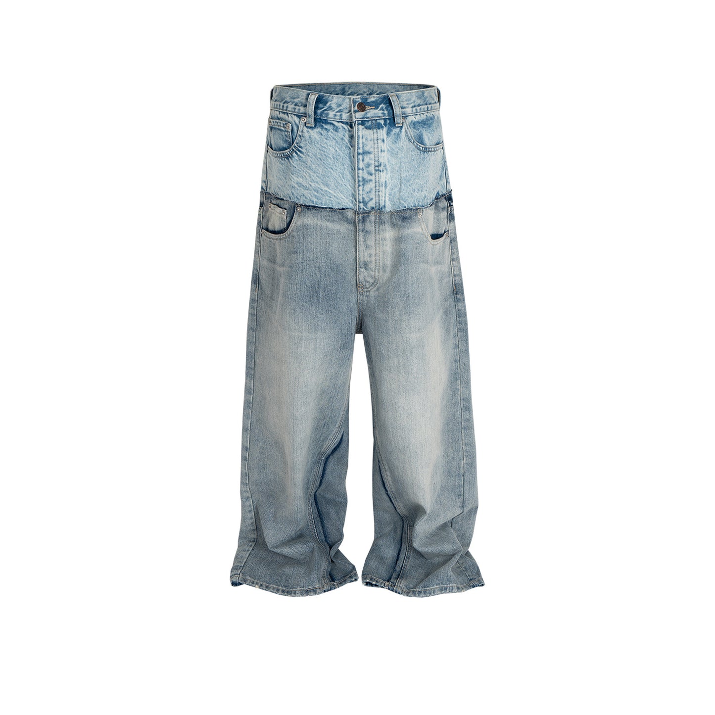 Distressed Long Pants Unisex Patchwork Jeans featuring a unique two-tone denim design.