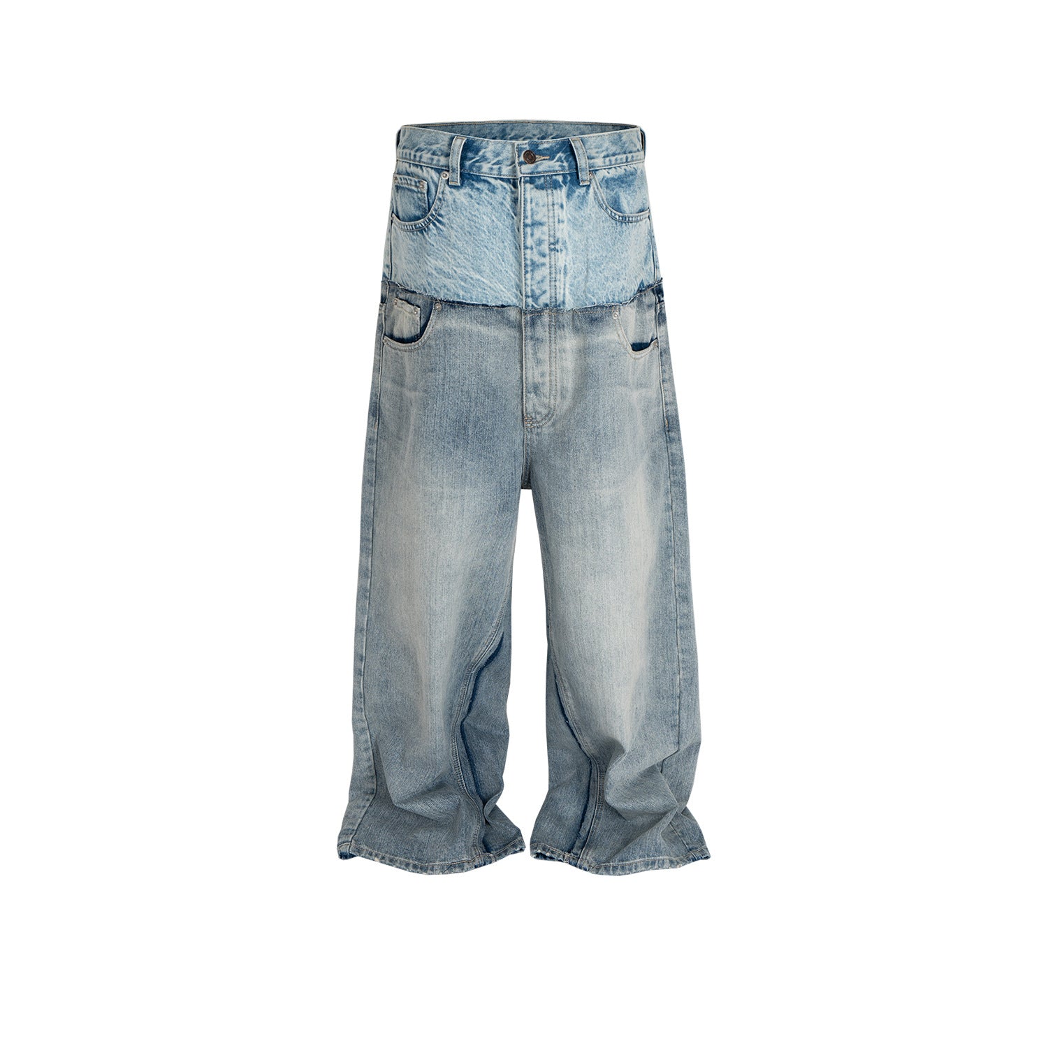 Distressed Long Pants Unisex Patchwork Jeans featuring a unique two-tone denim design.