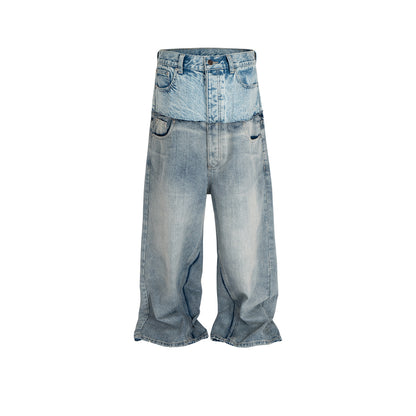 Distressed Long Pants Unisex Patchwork Jeans featuring a unique two-tone denim design.