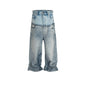 Distressed Long Pants Unisex Patchwork Jeans featuring a unique two-tone denim design.