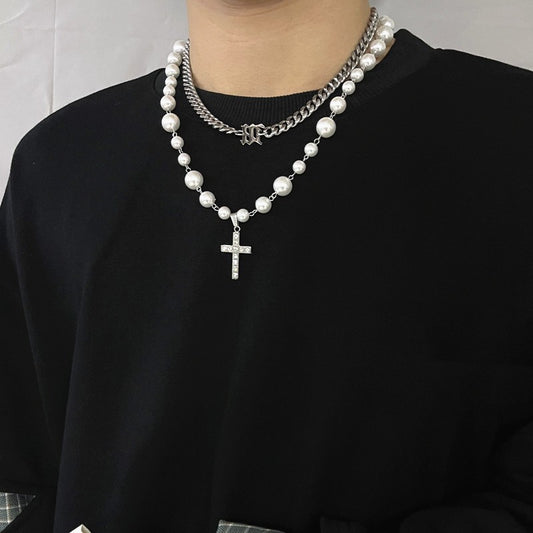 Diamond Cross Pearl Pendant