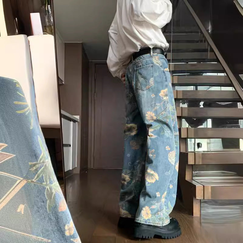 Men's Printed Floral Wide-Leg Washed Jeans Straight Pants with Vintage Denim Finish