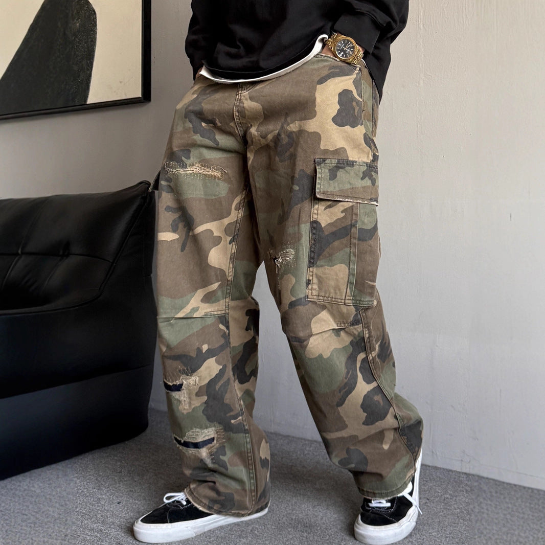 Patchwork Ripped Bootcut Camo Pants
