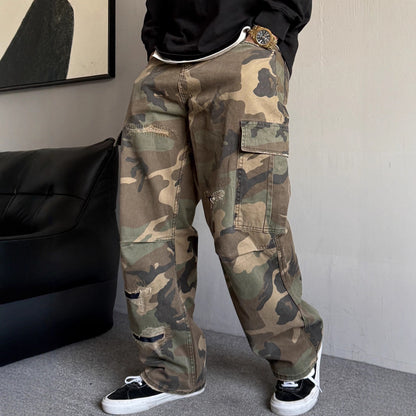 Patchwork Ripped Bootcut Camo Pants