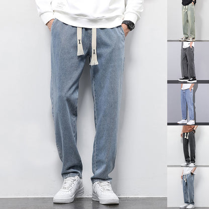 Summer Loose Wide Leg Jeans Pants for Men with Drawstring Waist, showcasing a casual and comfortable style.