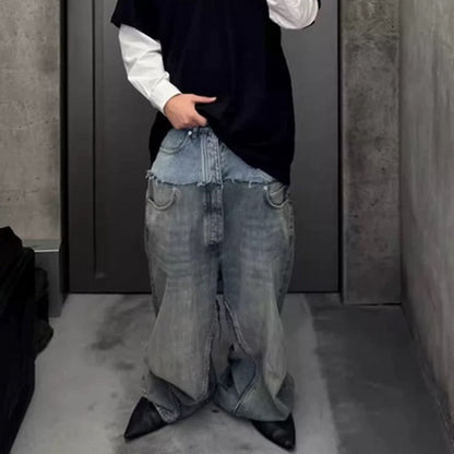 Distressed Long Pants Unisex Patchwork Jeans featuring a stylish gray and blue denim look.