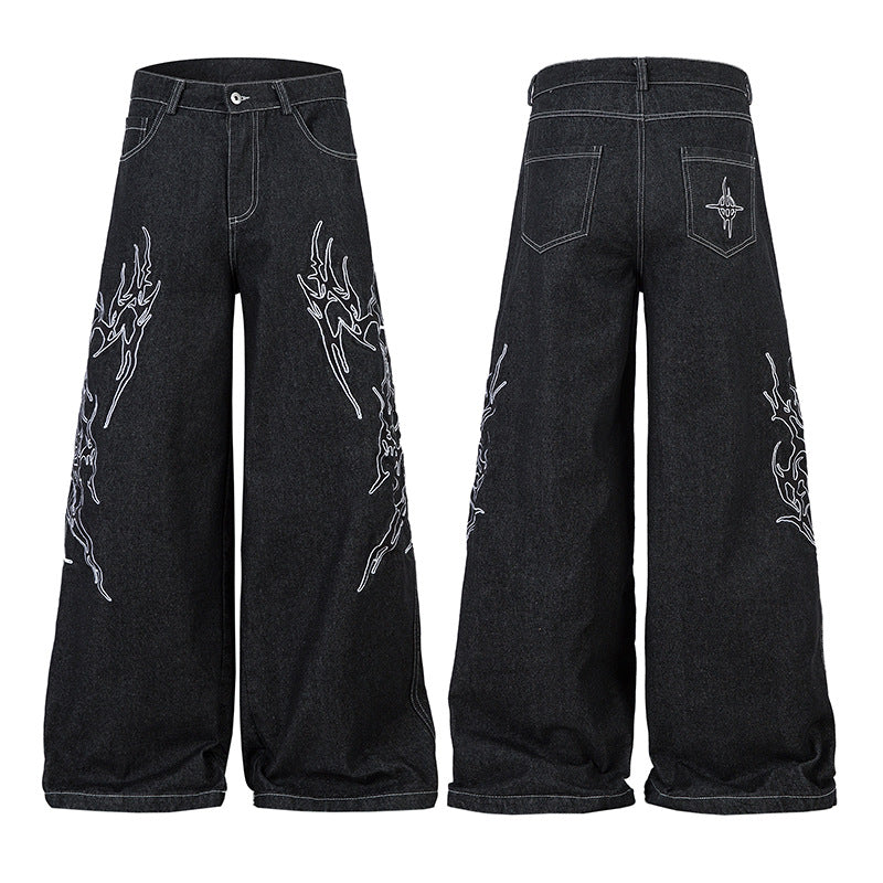 Embroidered Wide-Leg Denim Pants