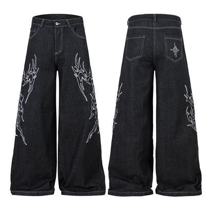 Embroidered Wide-Leg Denim Pants