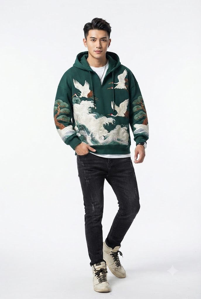 Embroidered Crane Hoodie Novien Apparel