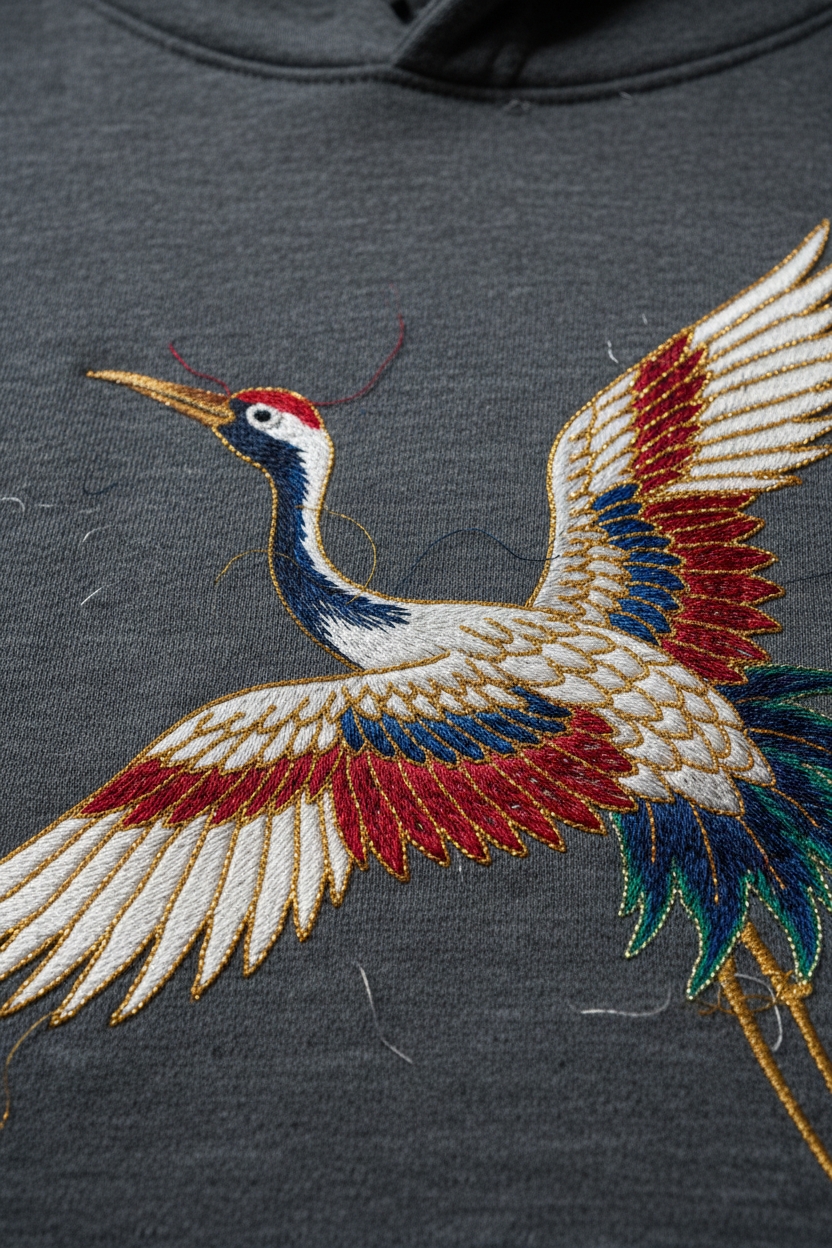 Embroidered Crane Hoodie - Close-Up Detail