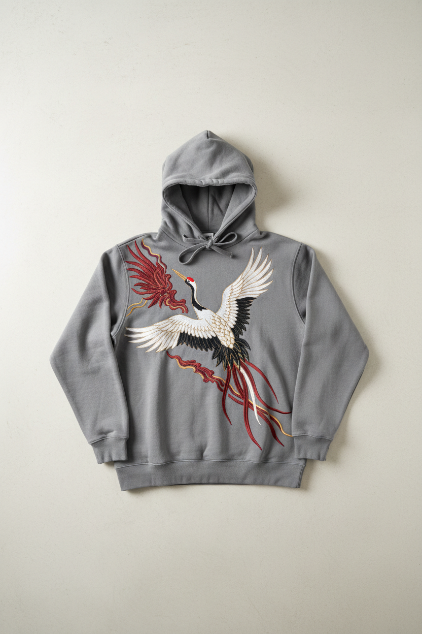 Embroidered Crane Hoodie - Flat Lay