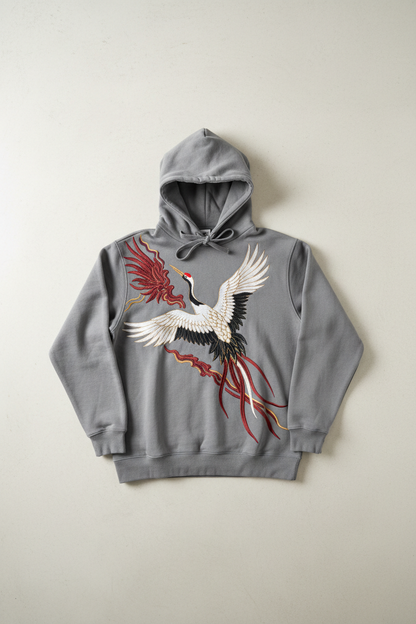 Embroidered Crane Hoodie - Flat Lay