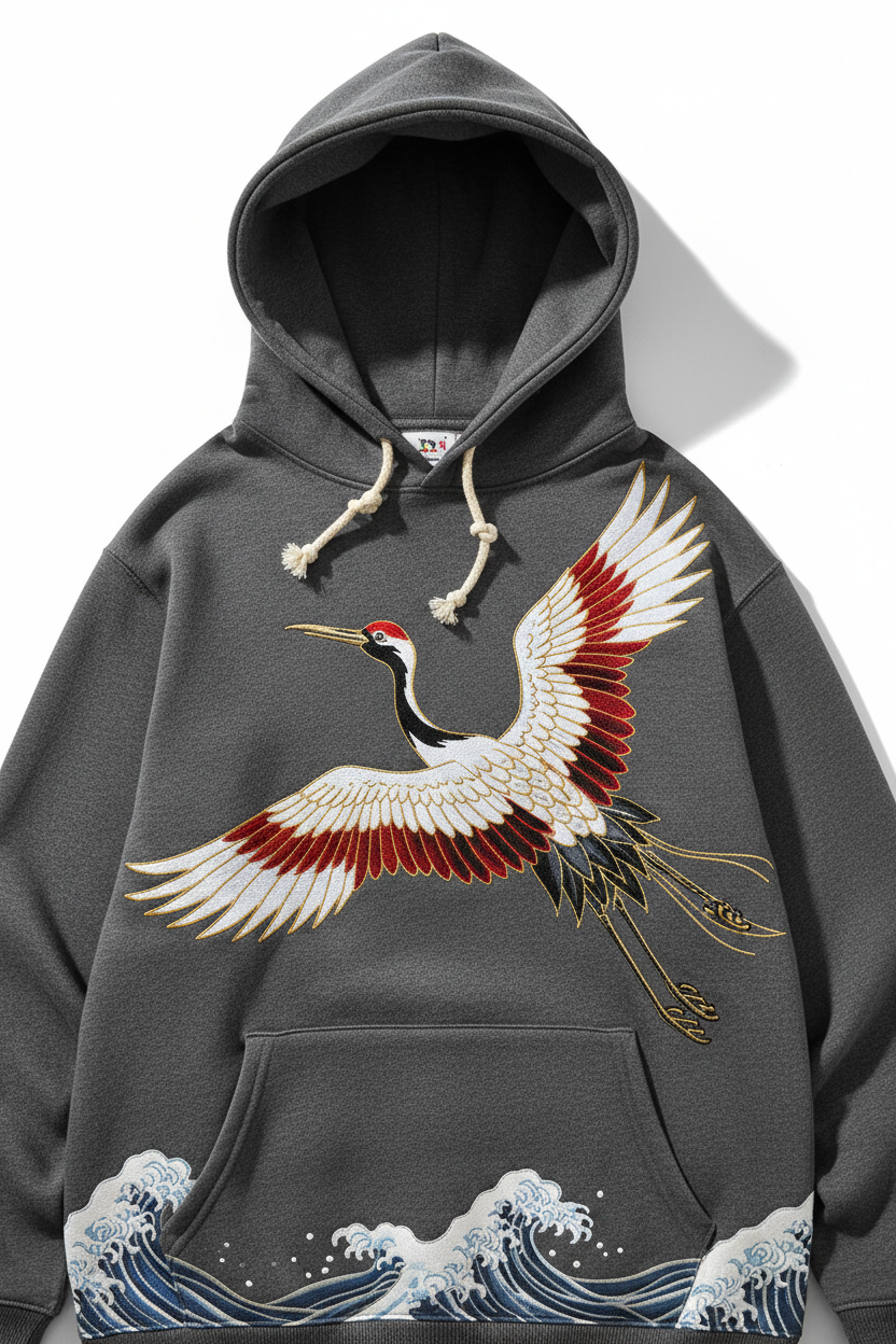 Embroidered Crane Hoodie - Front View