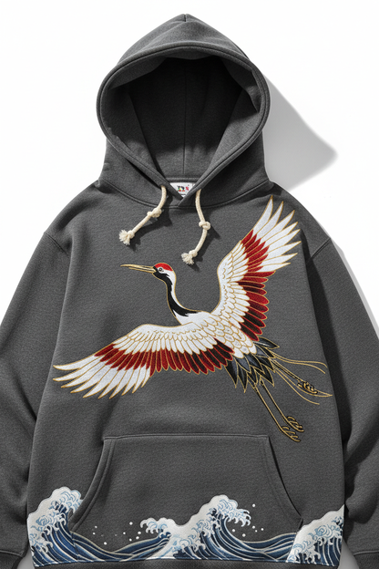 Embroidered Crane Hoodie - Front View