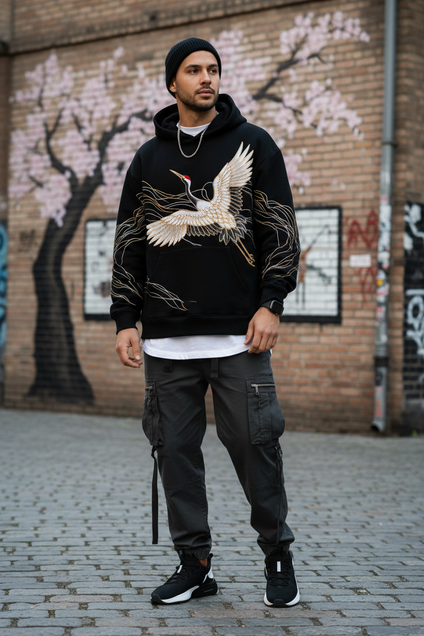Embroidered Crane Hoodie - Lifestyle