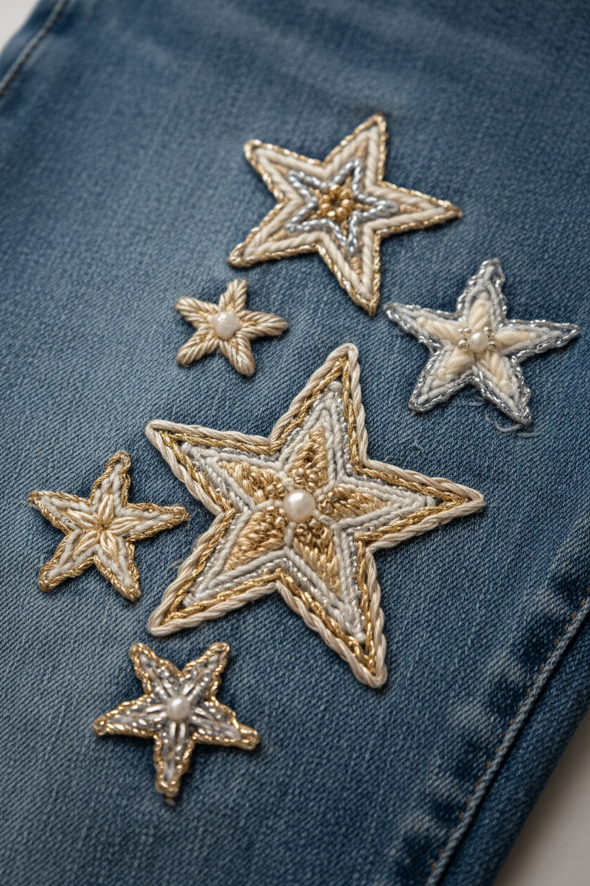 Embroidered Star Straight Cut Jeans - Close-Up Detail