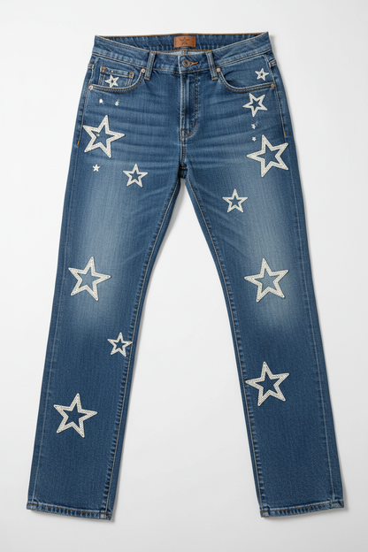 Embroidered Star Straight Cut Jeans - Flat Lay