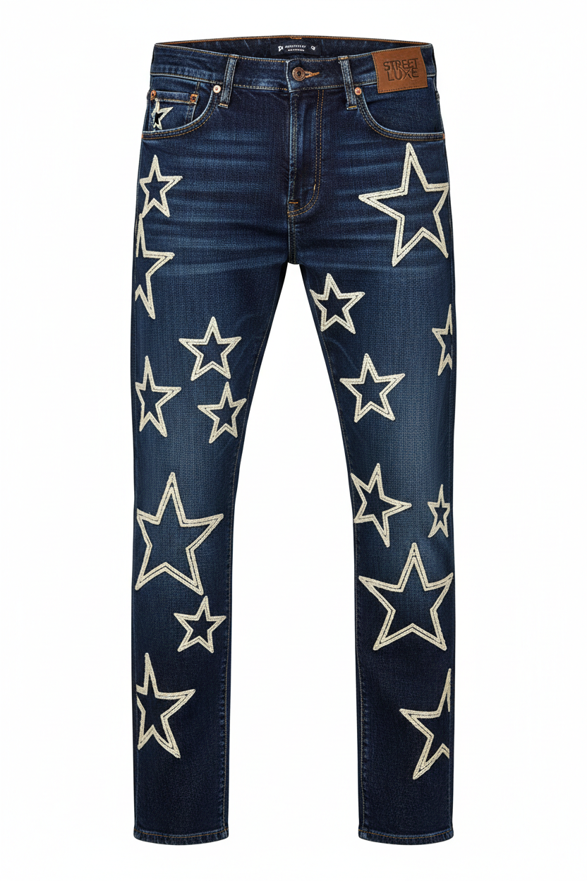 Embroidered Star Straight Cut Jeans - Front View