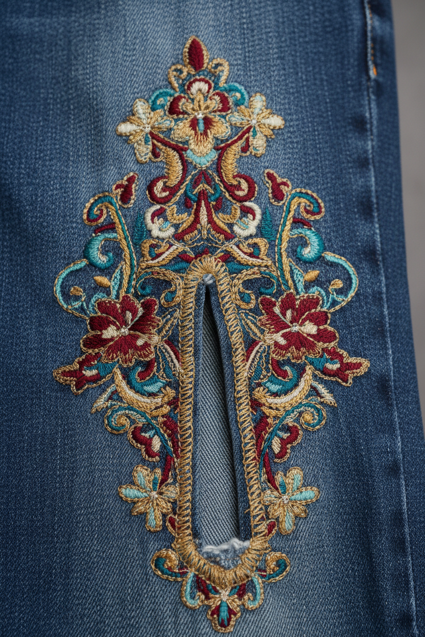 Embroidery Slit Jeans - Close-Up Detail