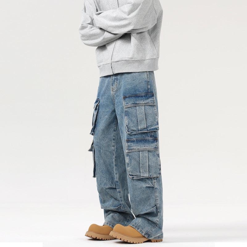 Retro Washed Multi-Pocket Cargo Jeans