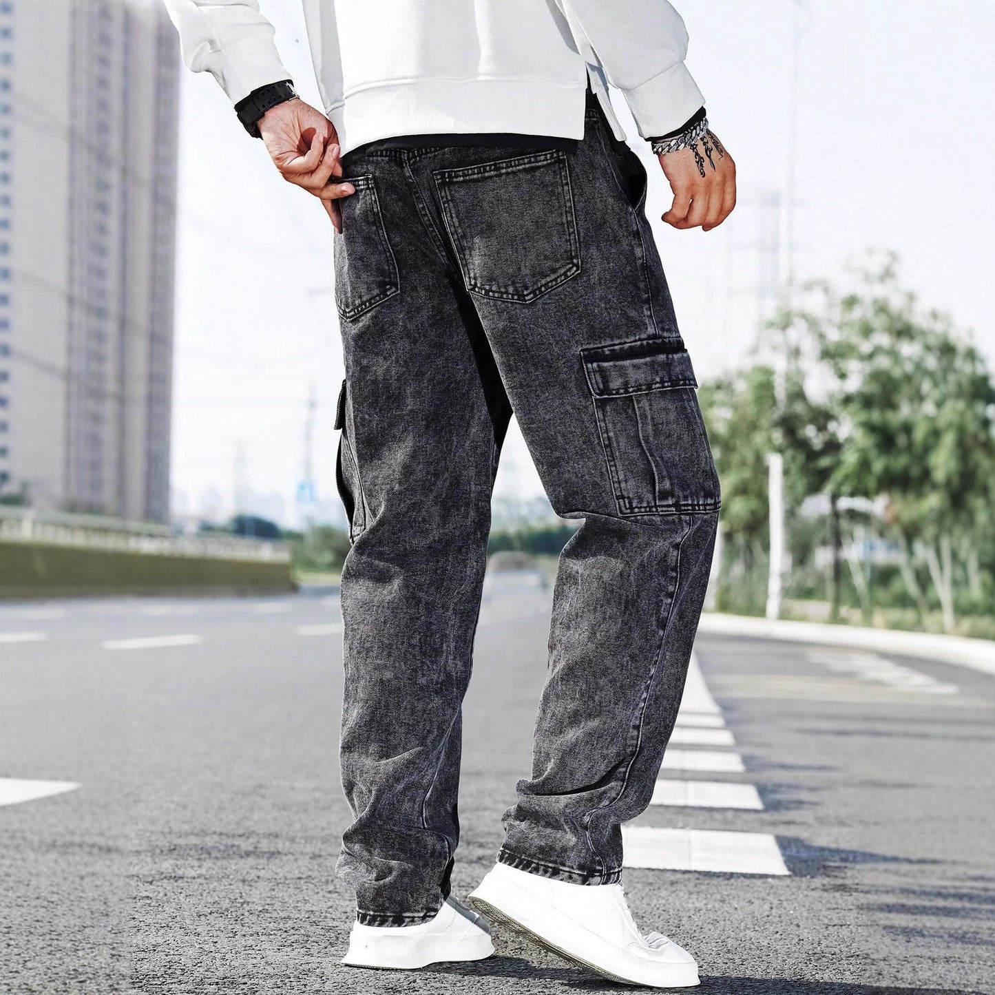 Washed Utility Cargo Jeans