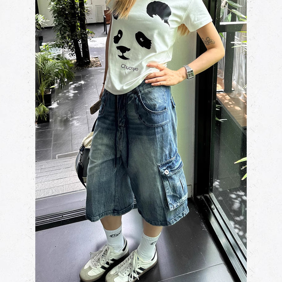 Washed Loose-Fit Denim Capri Shorts
