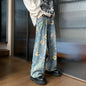Men's Printed Floral Wide-Leg Washed Jeans Straight Pants with Vintage Denim Finish