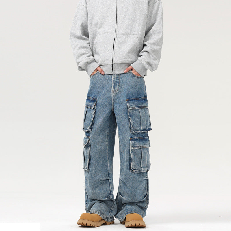 Retro Washed Multi-Pocket Cargo Jeans