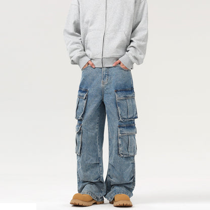Retro Washed Multi-Pocket Cargo Jeans