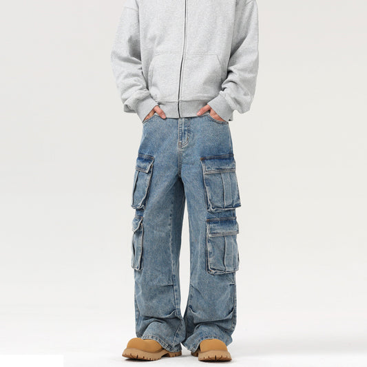 Retro Washed Multi-Pocket Cargo Jeans