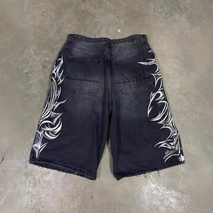 Retro Gothic Printed Denim Shorts