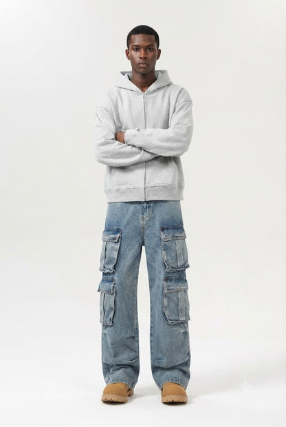 Retro Washed Multi-Pocket Cargo Jeans