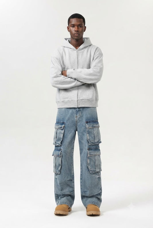 Retro Washed Multi-Pocket Cargo Jeans