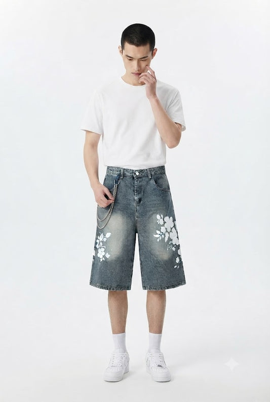 Faded Flower Graphic Jorts Novien Apparel