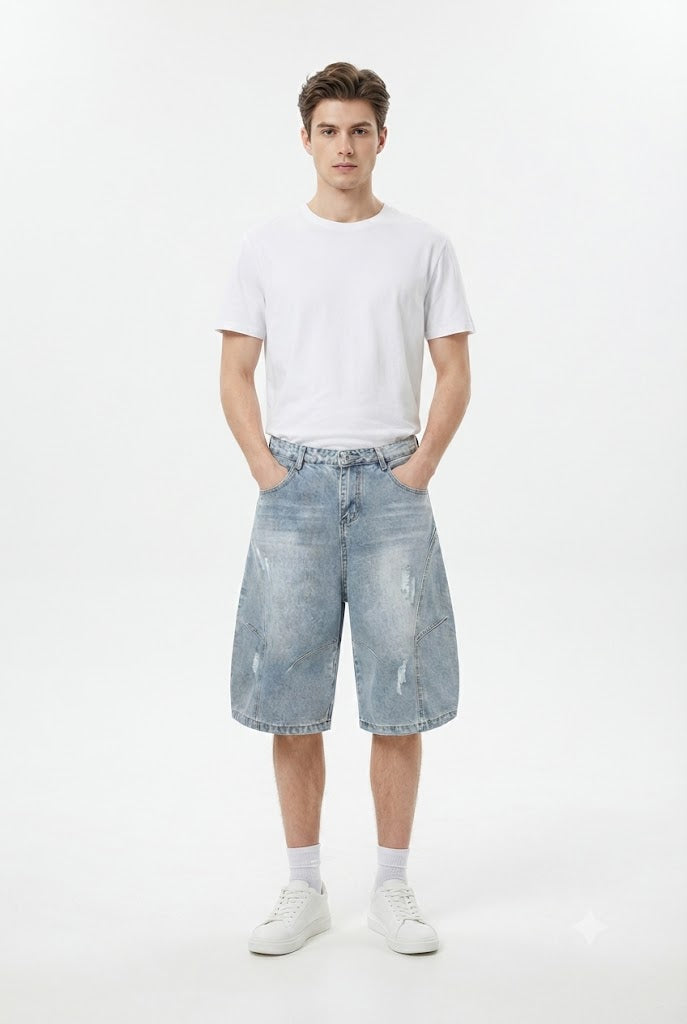 High-Street Distressed Washed Denim Shorts