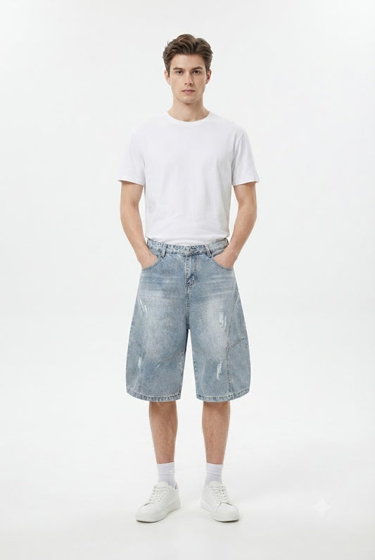 High-Street Distressed Washed Denim Shorts