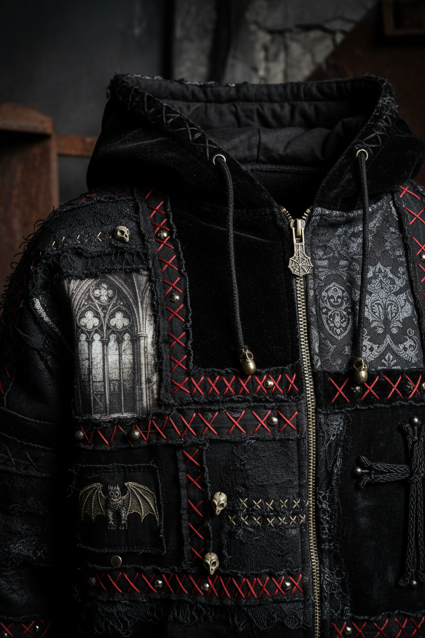 Gothic Patchwork Hoodie - Close-Up Detail