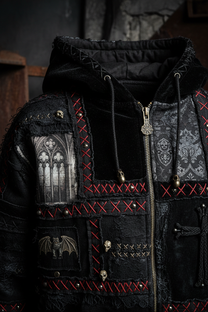 Gothic Patchwork Hoodie - Close-Up Detail
