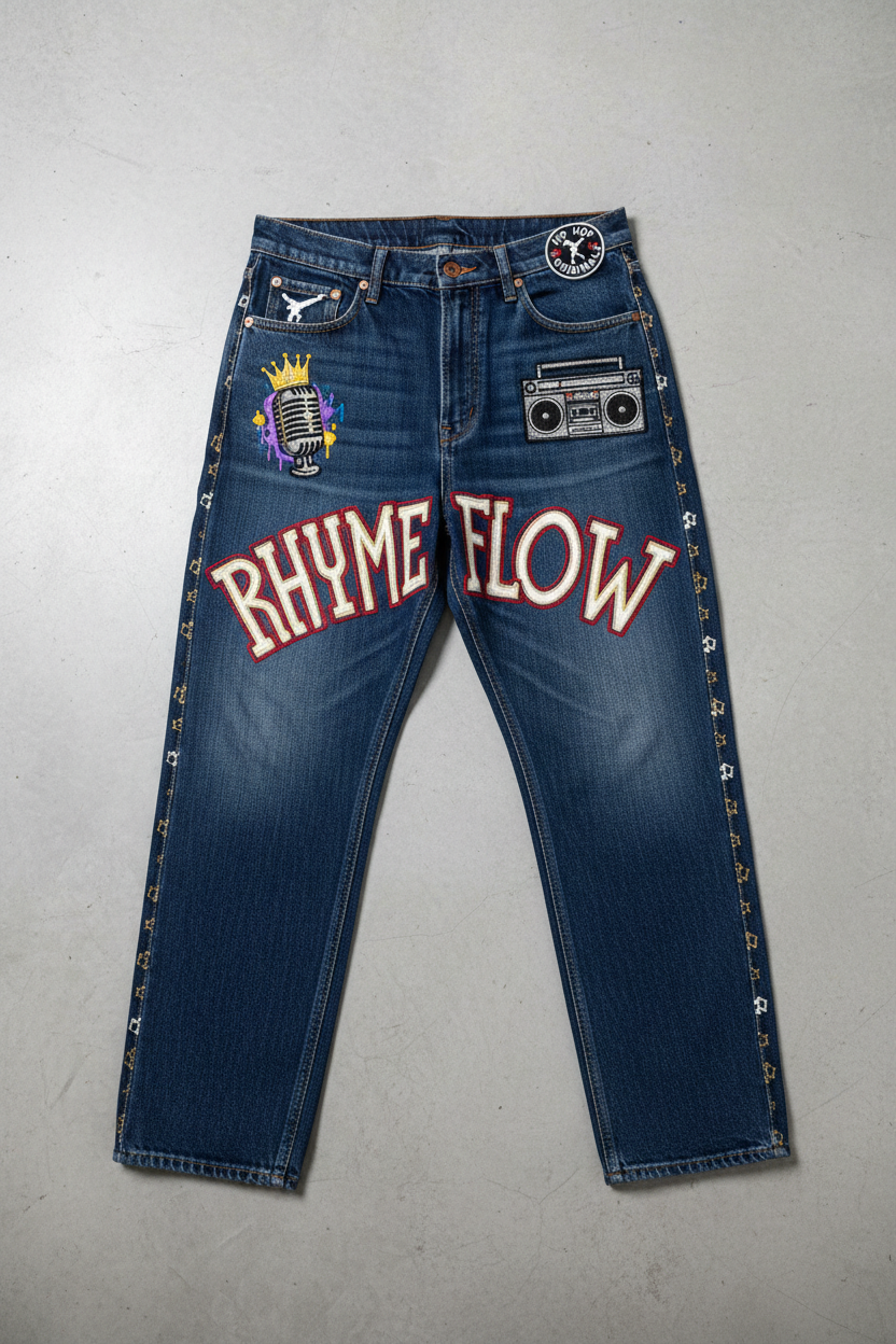 Hip Hop Embroidered Jeans - Flat Lay