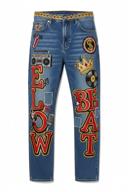 Hip Hop Embroidered Jeans - Front View