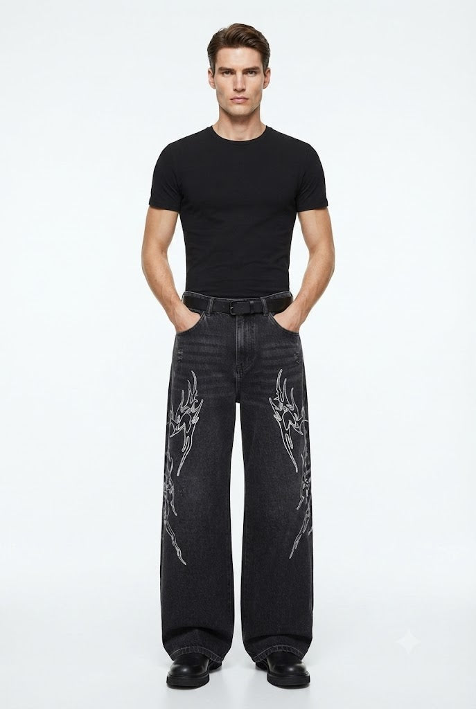 Embroidered Wide-Leg Denim Pants