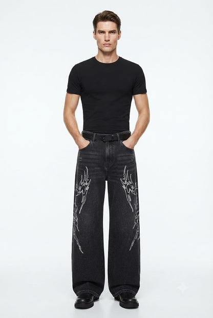 Embroidered Wide-Leg Denim Pants
