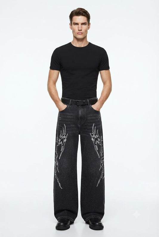 Embroidered Wide-Leg Denim Pants
