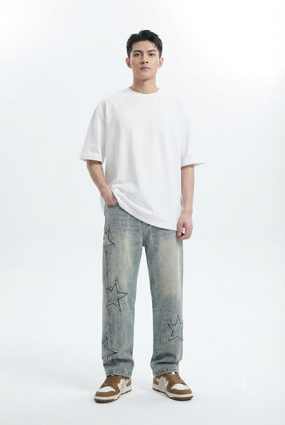 Star Embroidery Straight Casual Men Jeans