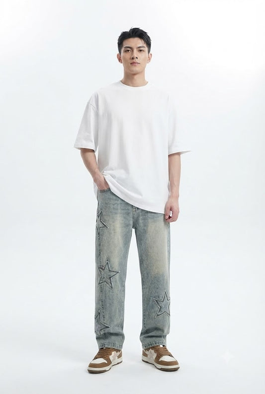 Star Embroidery Straight Casual Men Jeans